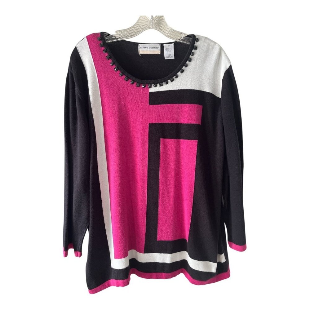 Alfred Dunner Women’s 2X Geometric Colorblock Sweater Top Pink Black White Beade
